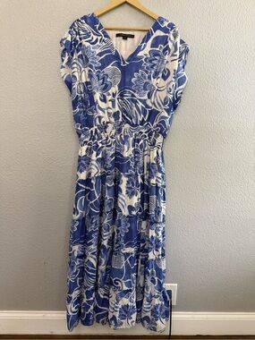 Cynthia Steffe Blue & White Floral Midi Dress Size 2X Ruffle Sleeve